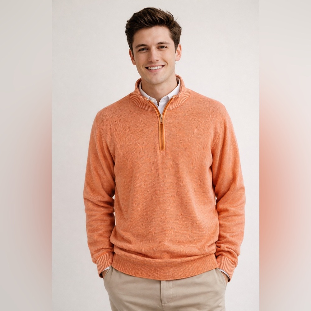 Robert Talbott‎ Carmel Orange Pima Cotton Quarter Zip Sweater Sz. L